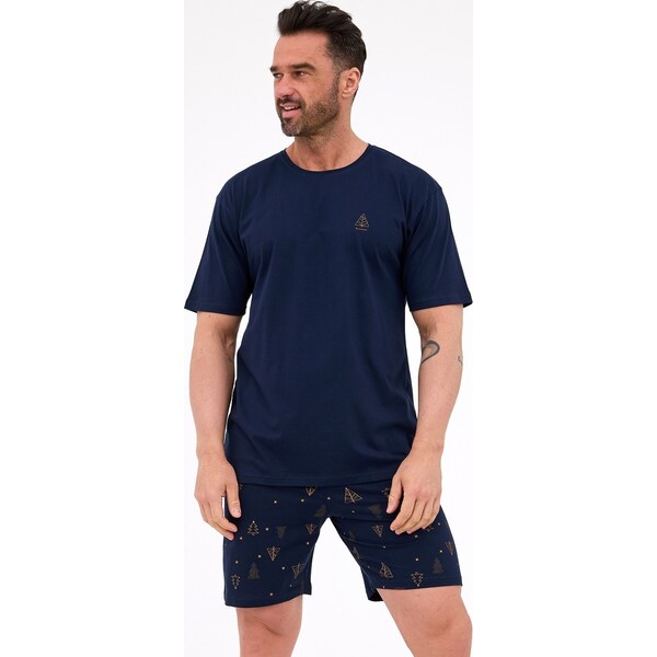 Cornette Tmavomodré pánske krátke pyžamo so zlatou vianočnou potlačou 65832145
