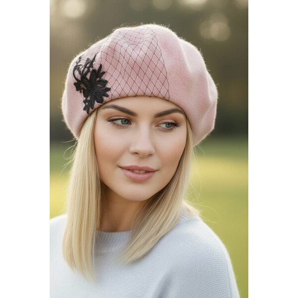 Glara Ružový baret so závojom zo 100% vlny 58255379
