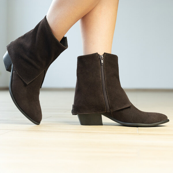 Kožené hnedé semišové členkové čižmy so zrolovaným zvrškom BUTDAM 65855054