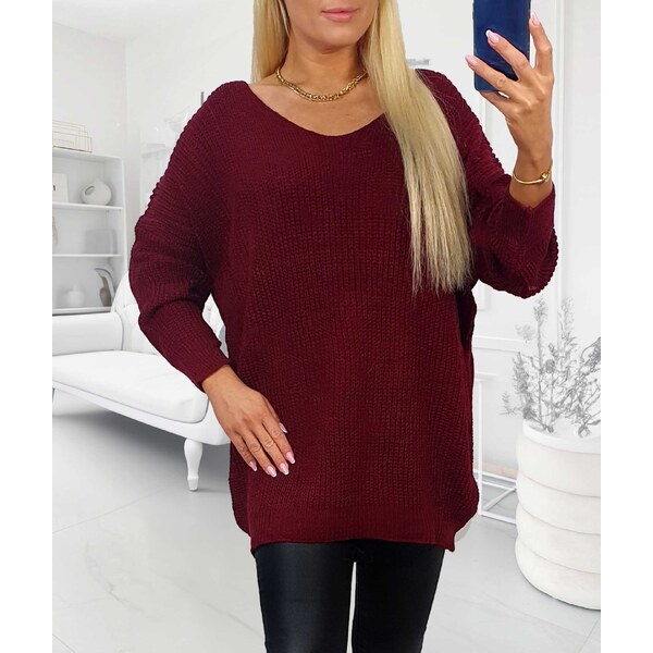 Sveter s výstrihom do V bordový 65856559