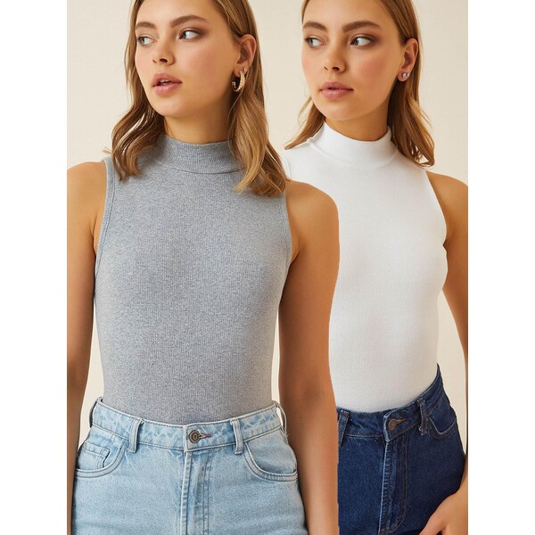 Happiness İstanbul Vyšívaný top sivá melírovaná / biela 65981597