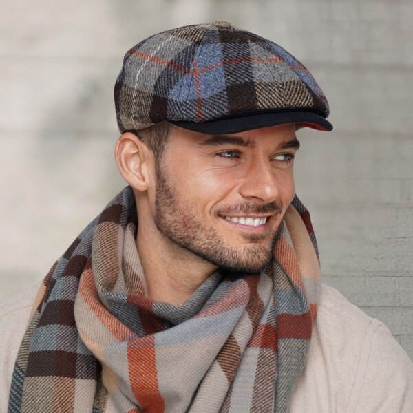 KRUMLOVANKA Pánska zimná vlnená bekovka - Harris Twed - modro hnedá 60136441