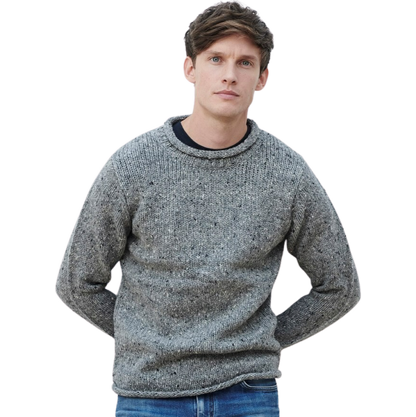 Vlnka Pánsky vlnený sveter s vyhrnutými lemami šedá veľkosti oblečenia 65931147