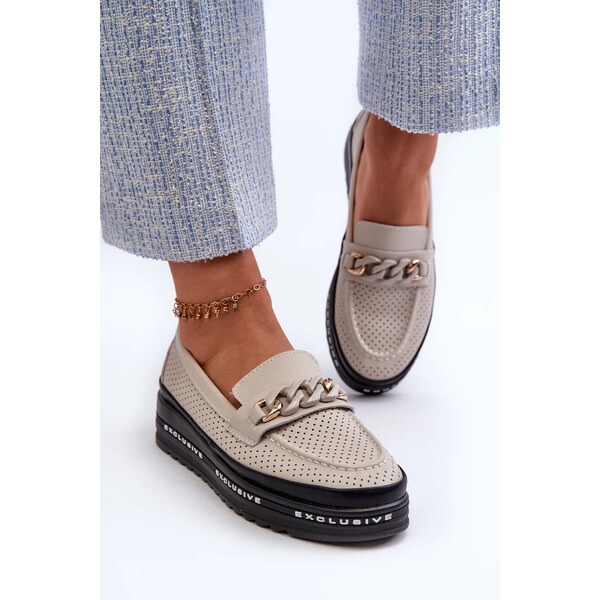 Kesi Dámske kožené mokasíny na platforme s reťazou S.Barski beige 57058518