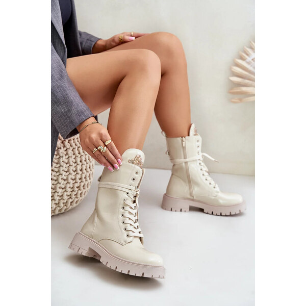 Kesi Lakovaná zateplená členková obuv Workery s dekoráciou Beige 64728457