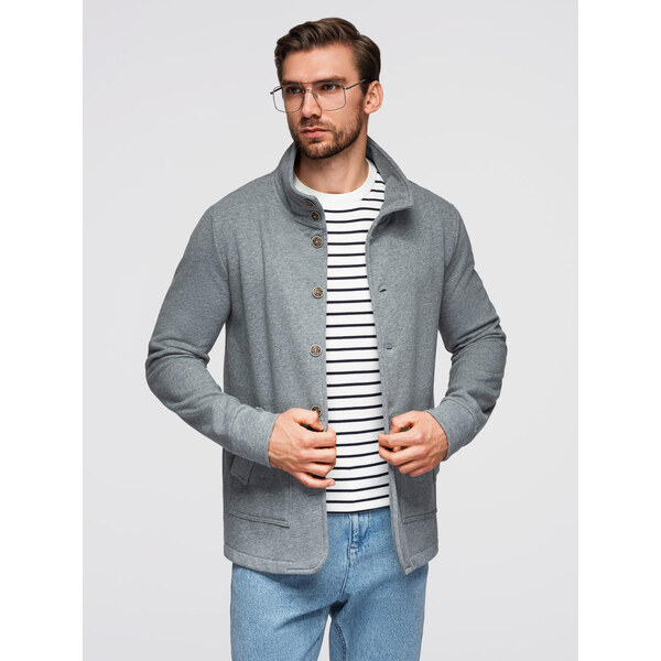 Ombre Mens button-down sweatshirt with stand-up collar - grey melange 65987738