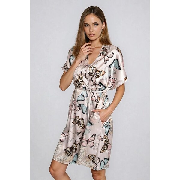 Italian Fashion Saténový župan Farfalla béžový s motýľmi 32079959