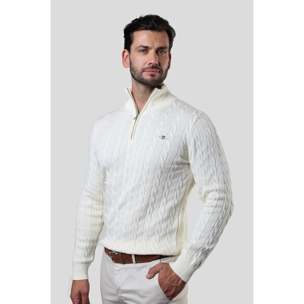 SVETER GANT COTTON CABLE HALF ZIP CREAM 64936573
