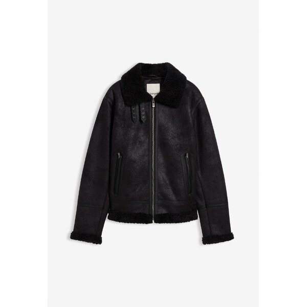 bonprix Krátka koženková bunda s kožušinkou, farba čierna 66048499