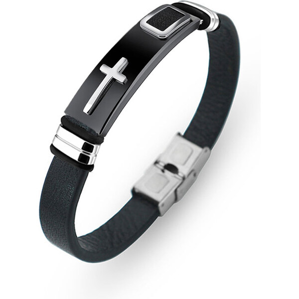 Impress Jewelry Kožený náramok Cruz s oceľovou prackou Čierny 66062692