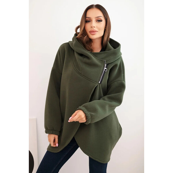 K-Fashion Dámska mikina s kapucňou a asymetrickým zipsom khaki 66049049