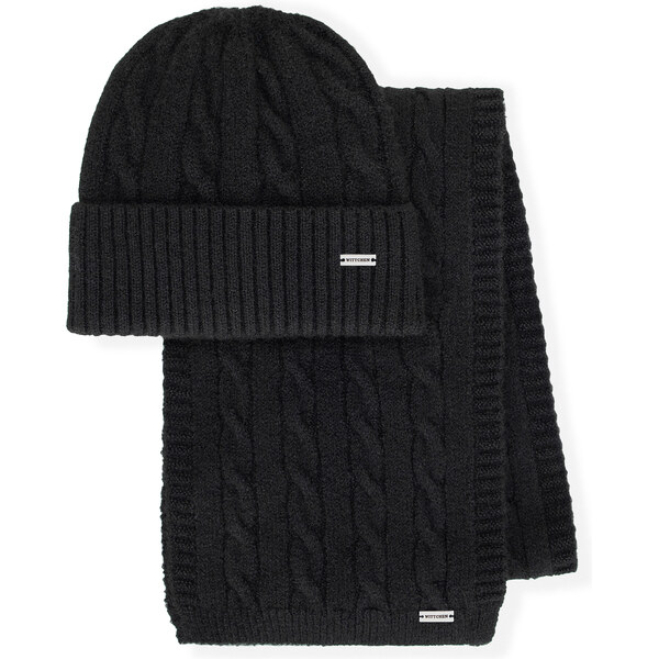 Wittchen Dámsky zimný set – čierna čiapka a šál s vrkočovým vzorom 101 66078432