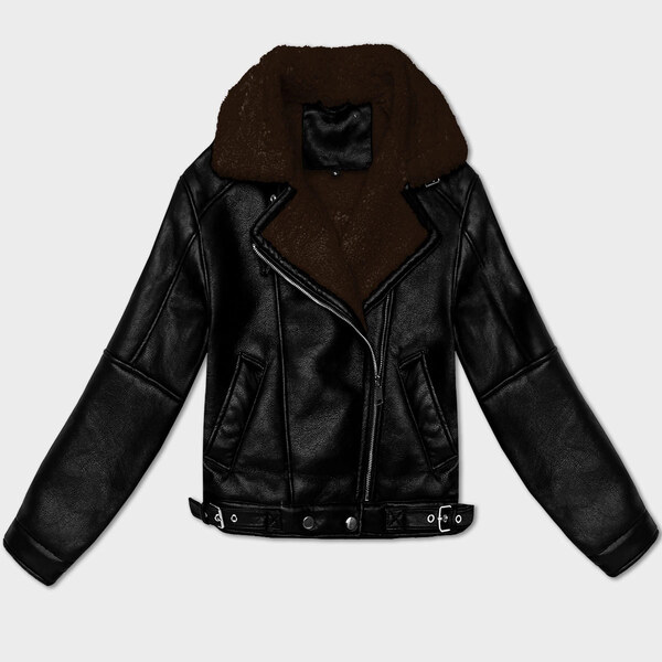 Čierno-hnedá dámska prechodná kožená bunda s kožušinovou podšívkou J 66095194