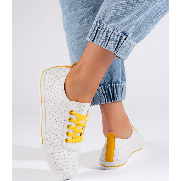 SHELOVET Biele dierované tenisky so žltými šnúrkami 600-13Y 66148483