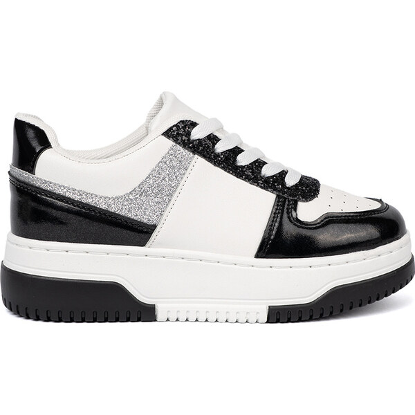 SHELOVET Čierno-biele dámske sneakersy s lesklými striebornými 66150003