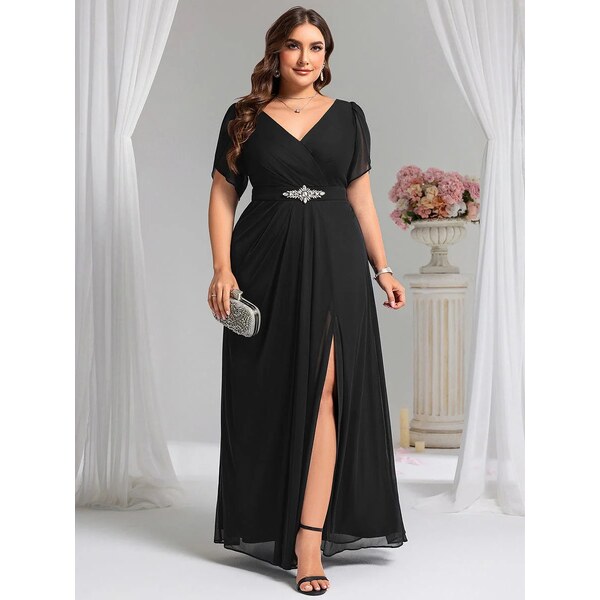 (veľ. 52/2XL a 54/3XL) Spoločenské šaty s ozdobou na páse čierne 66095736