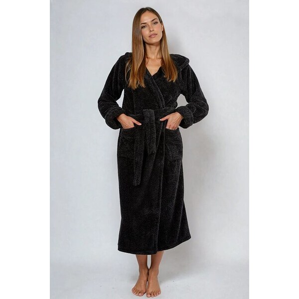 DKaren Dámsky huňatý župan Diana čierny dlhý 63762178