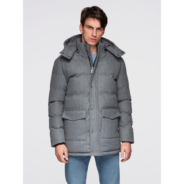 Ombre Warm long mens parka jacket with wool - grey melange 64784890