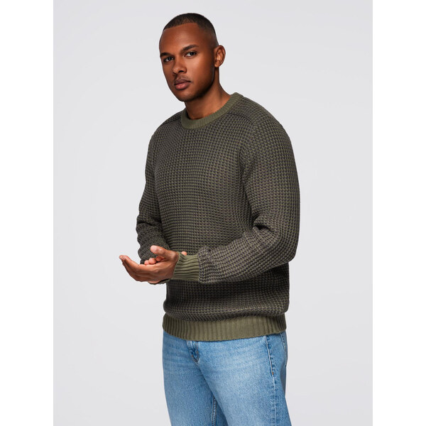 Ombre Mens contrast weave sweater with round neckline - dark olive 66195239
