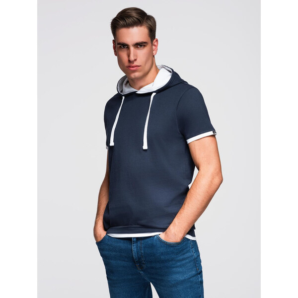 Ombre Mens cotton t-shirt with hood - navy blue 66185688