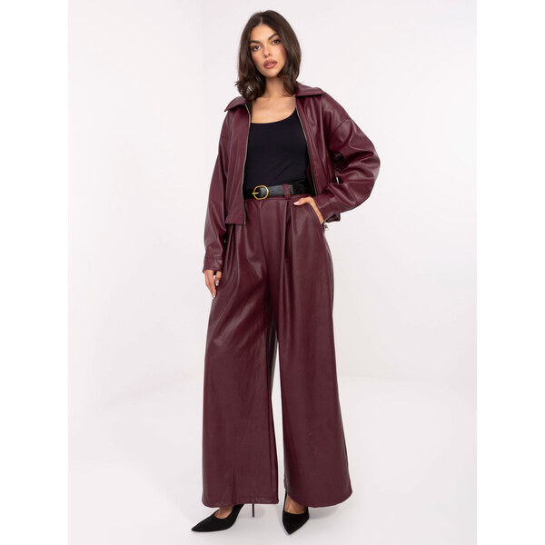 RUE PARIS Vínové dámske široké koženkové nohavice s opaskom IT-SP 66150470