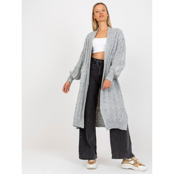RUE PARIS Svetlosivý maxi kardigan s vreckami -LC-SW-8032.34P-light 57950751