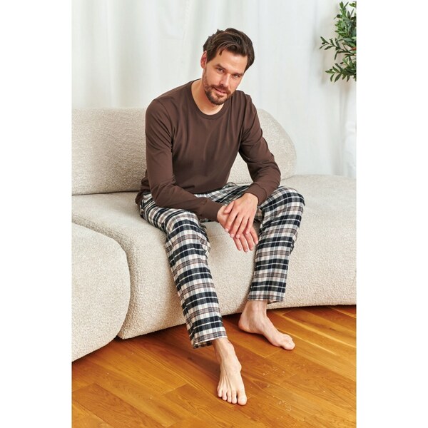 Doctor Nap Hnedé pánske dlhé pyžamo s flanelovými nohavicami 66196853