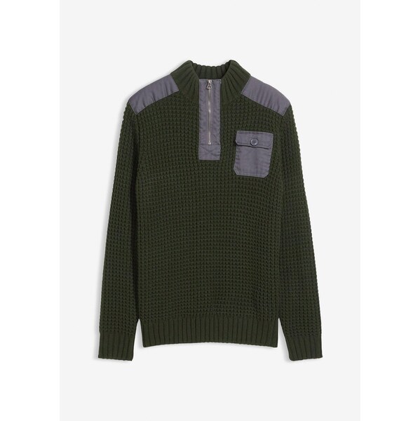 bonprix Pulóver so stojačikom, hrubé pletenie, tkaná časť, farba 66152831