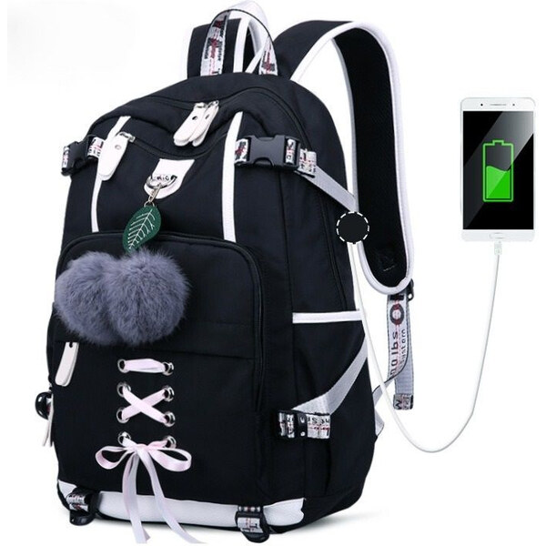 Lifestyle Dievčenský teenager školský batoh s USB Čerešničky Čierny 65227806