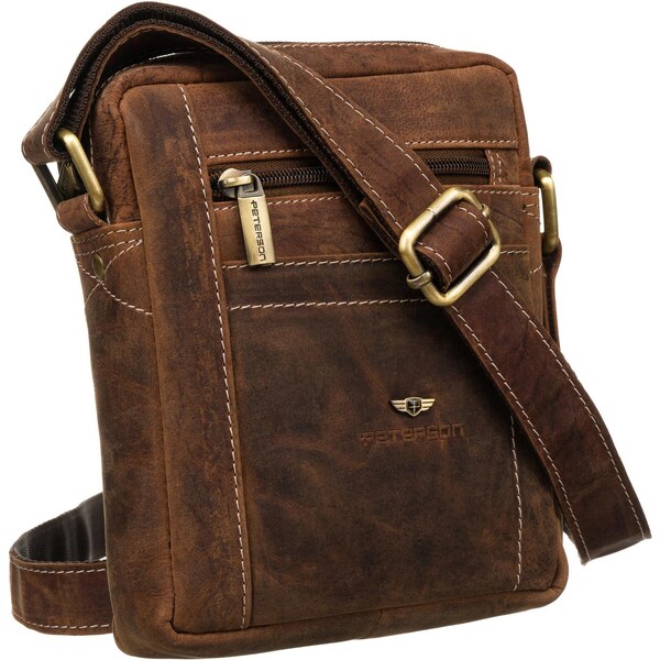 Pánska kožená crossbody taška v hnedej farbe so zlatými detailmi – 66171332