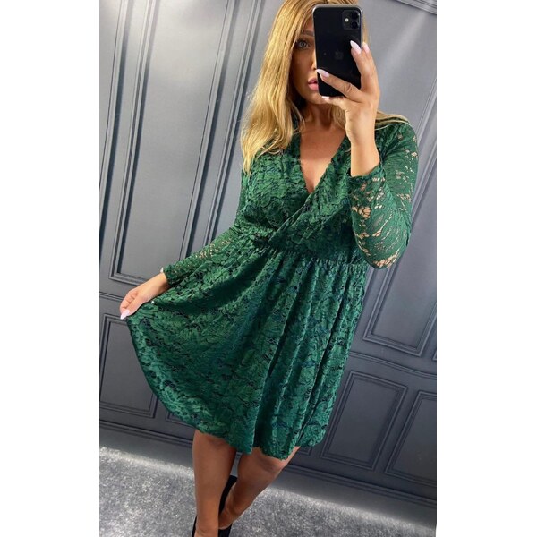 Čipkované šaty s prekladaným výstrihom zelené 66178128