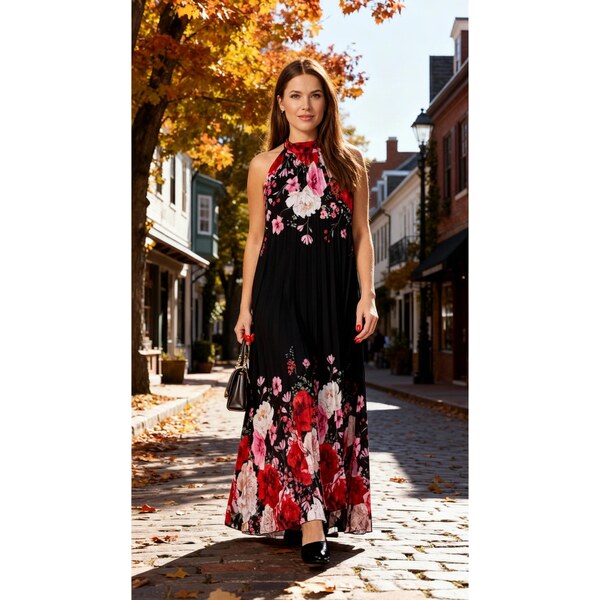 Plisované kvetované šaty so zaväzovaním na krku čierne 66197808