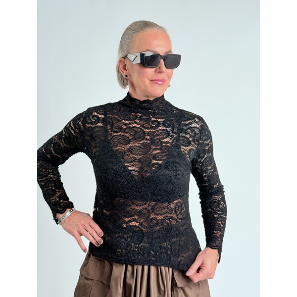 Voga Móda Čierne tričko s čipkou LONAS 66211322