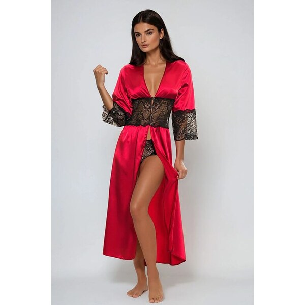 Kalimo Saténový župan s čipkovými šortkami Mindanao vínový 9120430