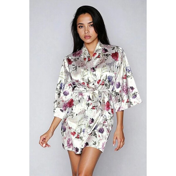 DKaren Dámsky saténový župan 90 flowers 5 biely 18692276