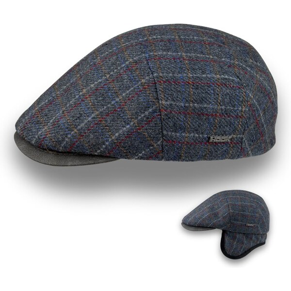 Krumlovanka Pánska vlnená zimná bekovka -kocka - modrošedá s klapkami 66225729