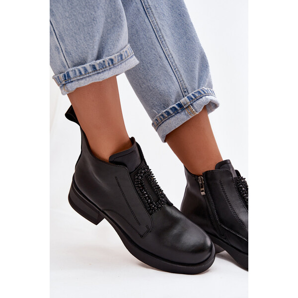 Kesi Dámske kožené členkové topánky na podpätku so zdobením D&A - 66657349