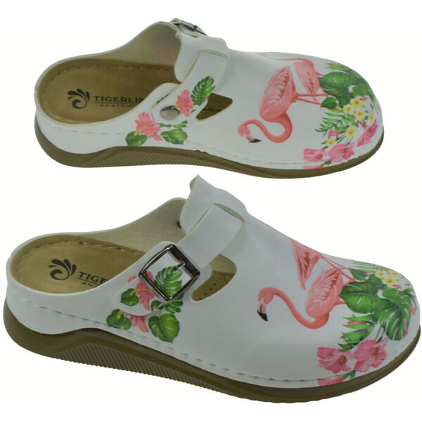 Dr. Klompa Dámske biele anatomické šľapky Flora Flamingo 66300683