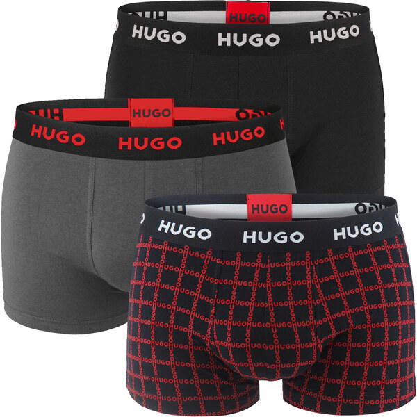 HUGO - boxerky 3PACK cotton stretch dark color / modern red HUGO logo 66303600
