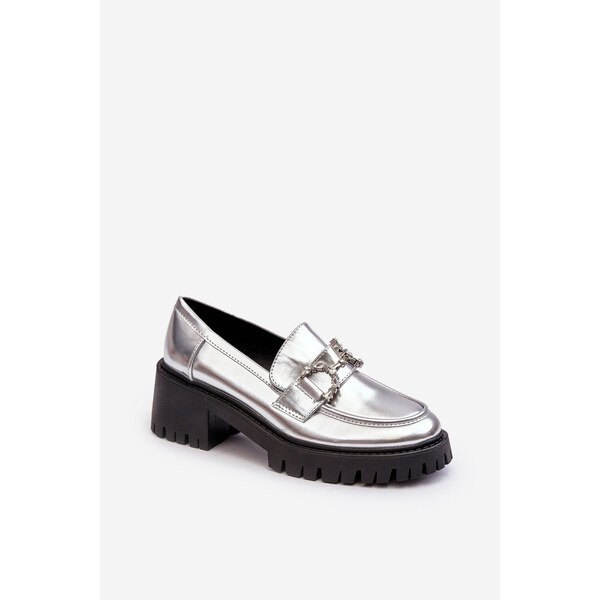 Boto Damskie Skórzane Półbuty Na Masywnym Obcasie Srebrne Lemmitty 66659359