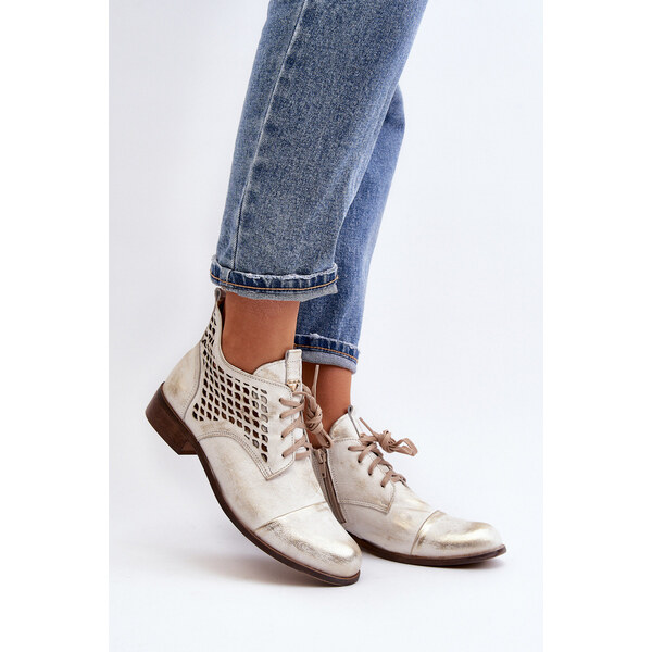 Zazoo 2878 Niskie Ażurowe Botki Skórzane Damskie Srebrne 66659589