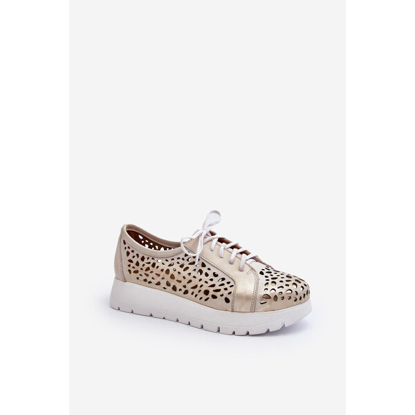 Zazoo 2821 Skórzane Półbuty Damskie Ażurowe Złote 66659593