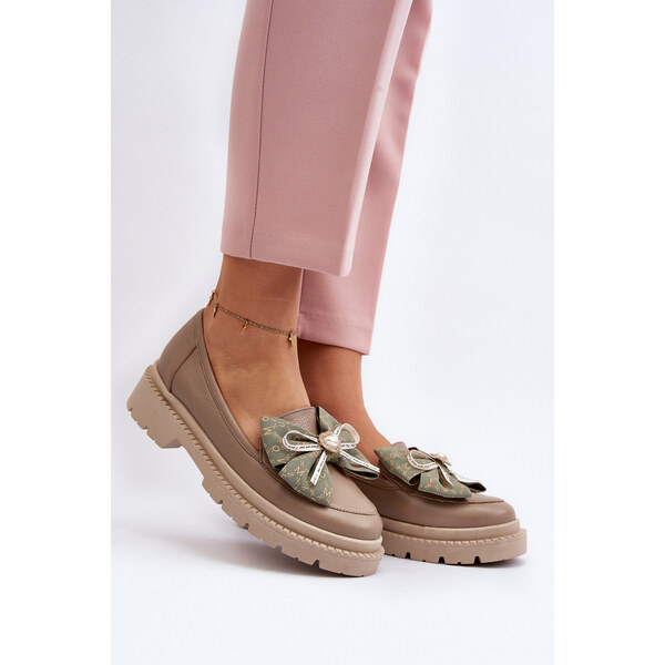 Damskie Skórzane Mokasyny Z Kokardą Laura Messi 2787 Beżowe 66659686