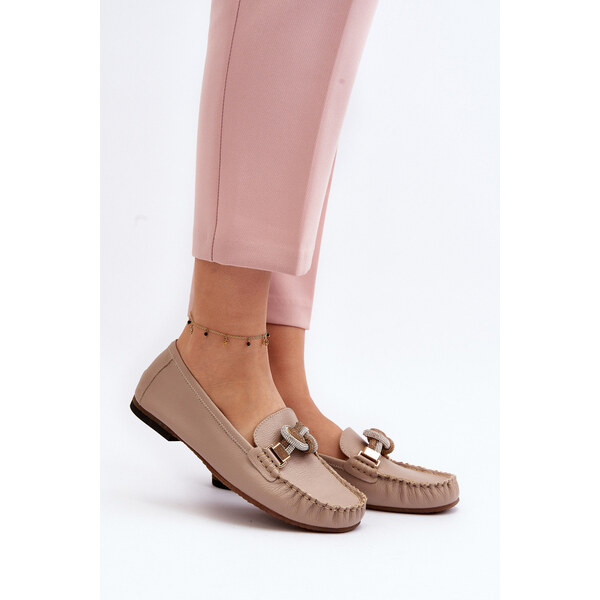 Skórzane Mokasyny Damskie Z Ozdobą Laura Messi 2761 Beżowe 66659693