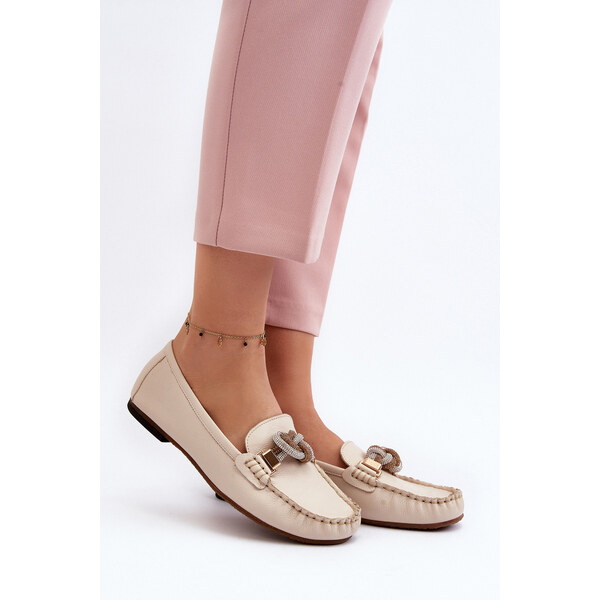 Skórzane Mokasyny Damskie Z Ozdobą Laura Messi 2761 Jasnobeżowe 66659698