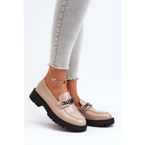 VINCEZA Mokasyny Lakierowane Damskie Na Płaskim Obcasie Beżowe Ezoma 66659726