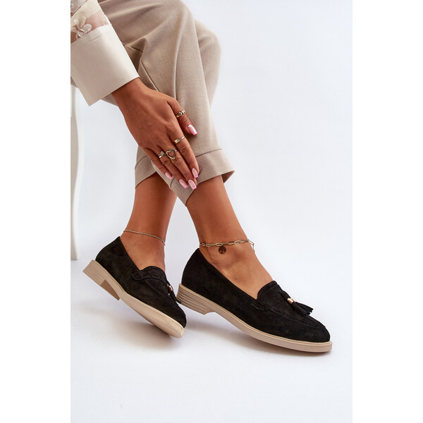 Zazoo 3420 Zamszowe Mokasyny Damskie Na Płaskim Obcasie Czarne 66659859