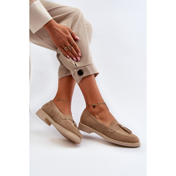 Zazoo 3420 Zamszowe Mokasyny Damskie Na Płaskim Obcasie Beżowe 66659860