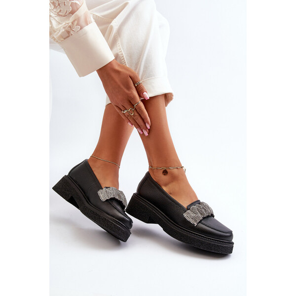 Zazoo 3419 Mokasyny Damskie Skórzane Z Ozdobnym Paseczkiem Czarne 66659869