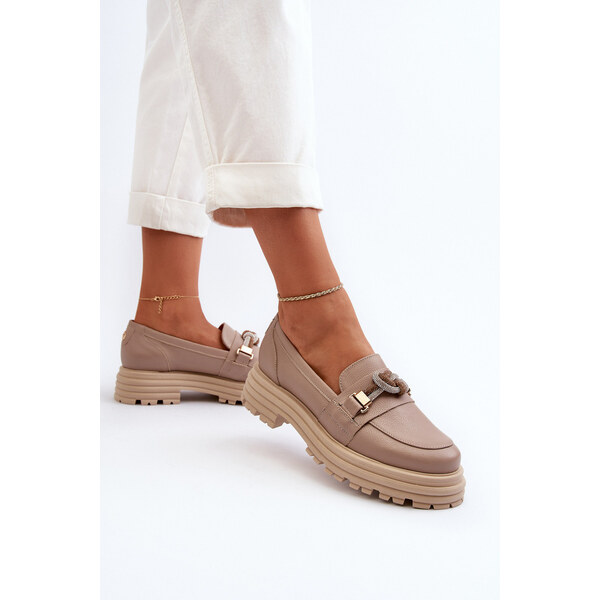 Skórzane Mokasyny Damskie Z Ozdobą Laura Messi 2780 Ciemnobeżowe 66659902